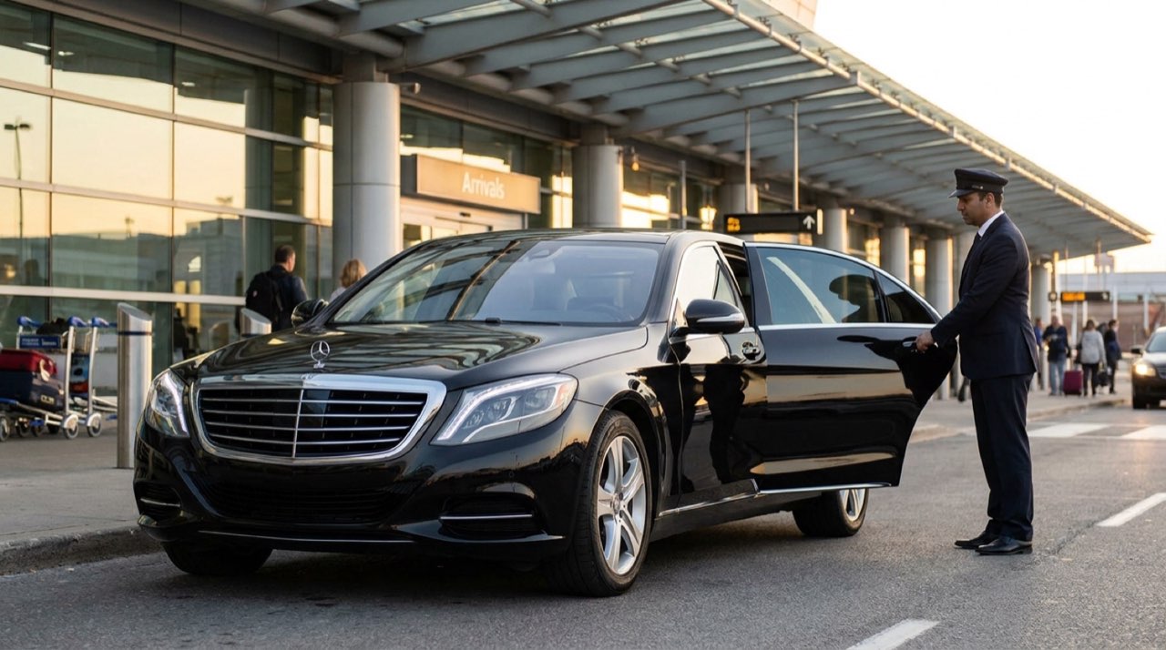 Guelph airport limousine service — black Mercedes-Benz with professional chauffeur at Toronto Pearson