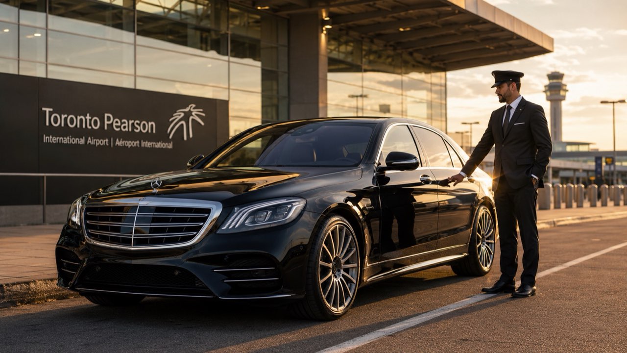 London airport limousine service — black Mercedes-Benz with professional chauffeur at Toronto Pearson