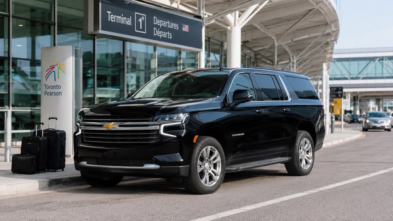 Peterborough airport limousine service — black Mercedes-Benz with professional chauffeur at Toronto Pearson
