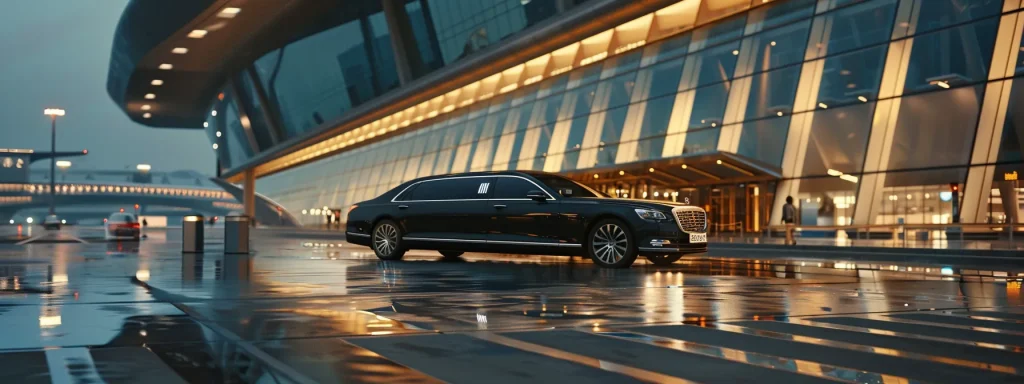 a sleek black limousine parked in front of a modern airport terminal, with a smartphone displaying a booking confirmation on the screen.