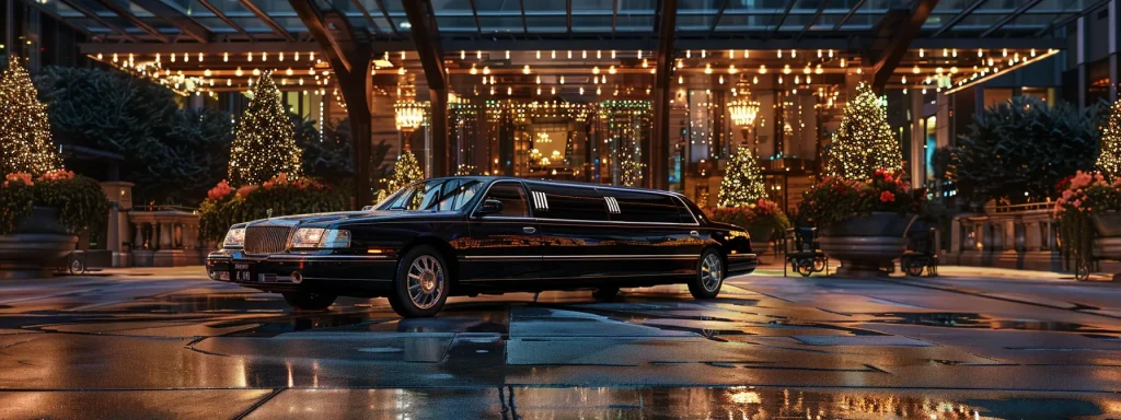 a sleek, black limousine with tinted windows parked in front of a glamorous hotel entrance, reflecting the city lights.