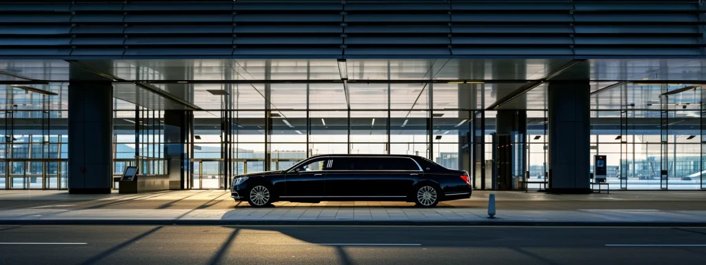 a sleek, black limousine parked outside a grand airport terminal, exuding luxury and sophistication.