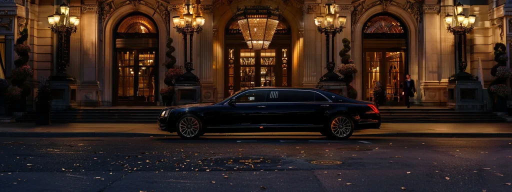 a luxurious black stretch limousine waiting in front of a grand hotel entrance, ready to transport guests to a glamorous event.